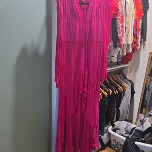 Banana Republic Hot Pink Long Sleeve Ruffled Maxi Dress